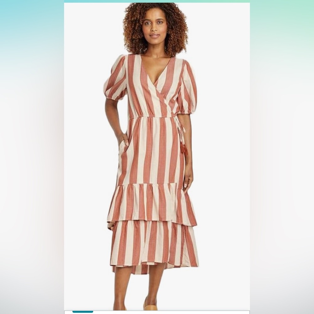Knox Rose Pink and White Tiered Wrap Midi Dress